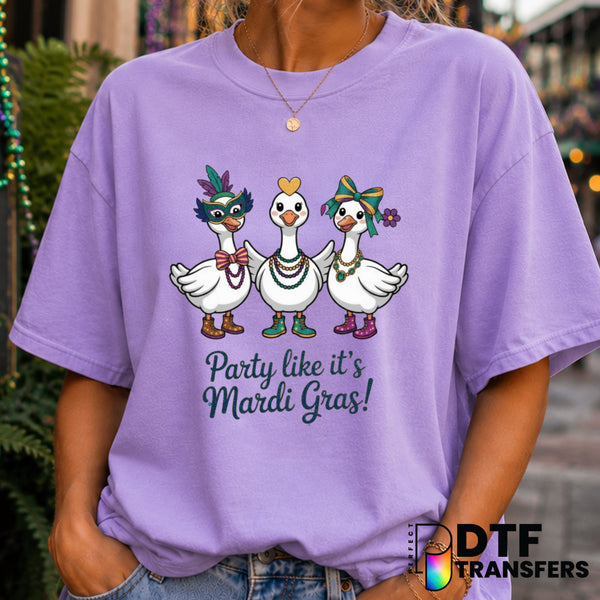 Party Like It's Mardi Gras Silly Goose – DTF Transfer (view 1 of 2) – by Perfect DTF Transfers – Premade DTF Transfers – M...