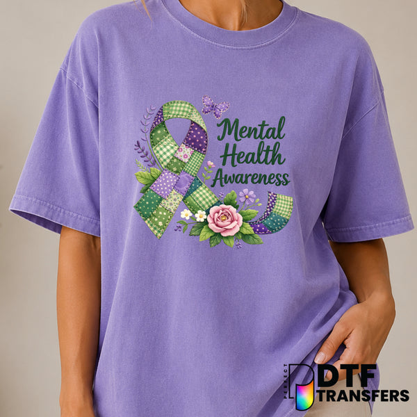 Patchwork Green Ribbon Mental Health Awareness – DTF Transfer (view 1 of 2) – by Perfect DTF Transfers – Premade DTF Trans...