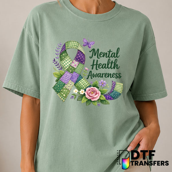 Patchwork Green Ribbon Mental Health Awareness – DTF Transfer (view 2 of 2) – by Perfect DTF Transfers – Premade DTF Trans...