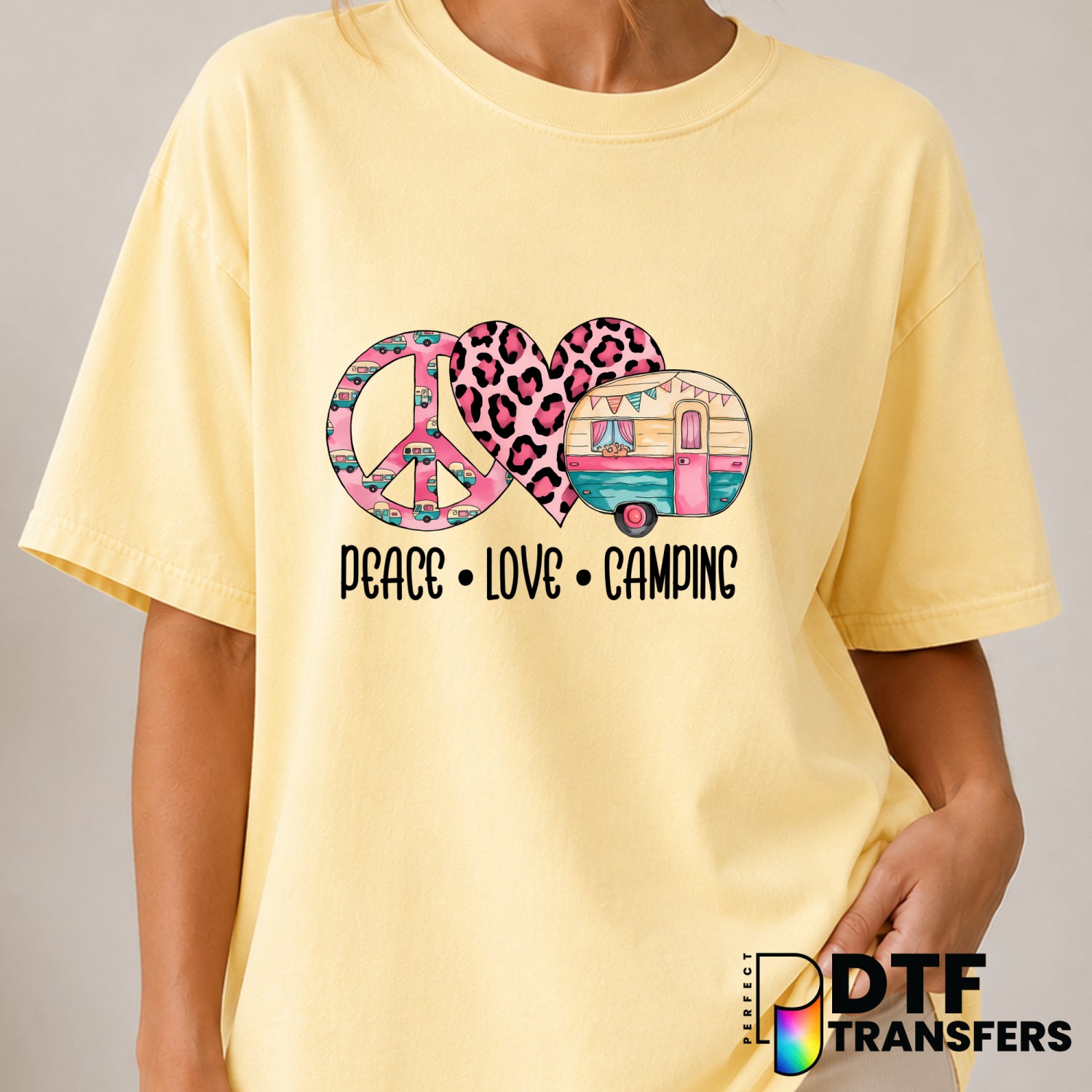 Peace Love Camping – Camping DTF Transfer (view 1 of 2) – by Perfect DTF Transfers – Premade DTF Transfers – Camping, Outdoor