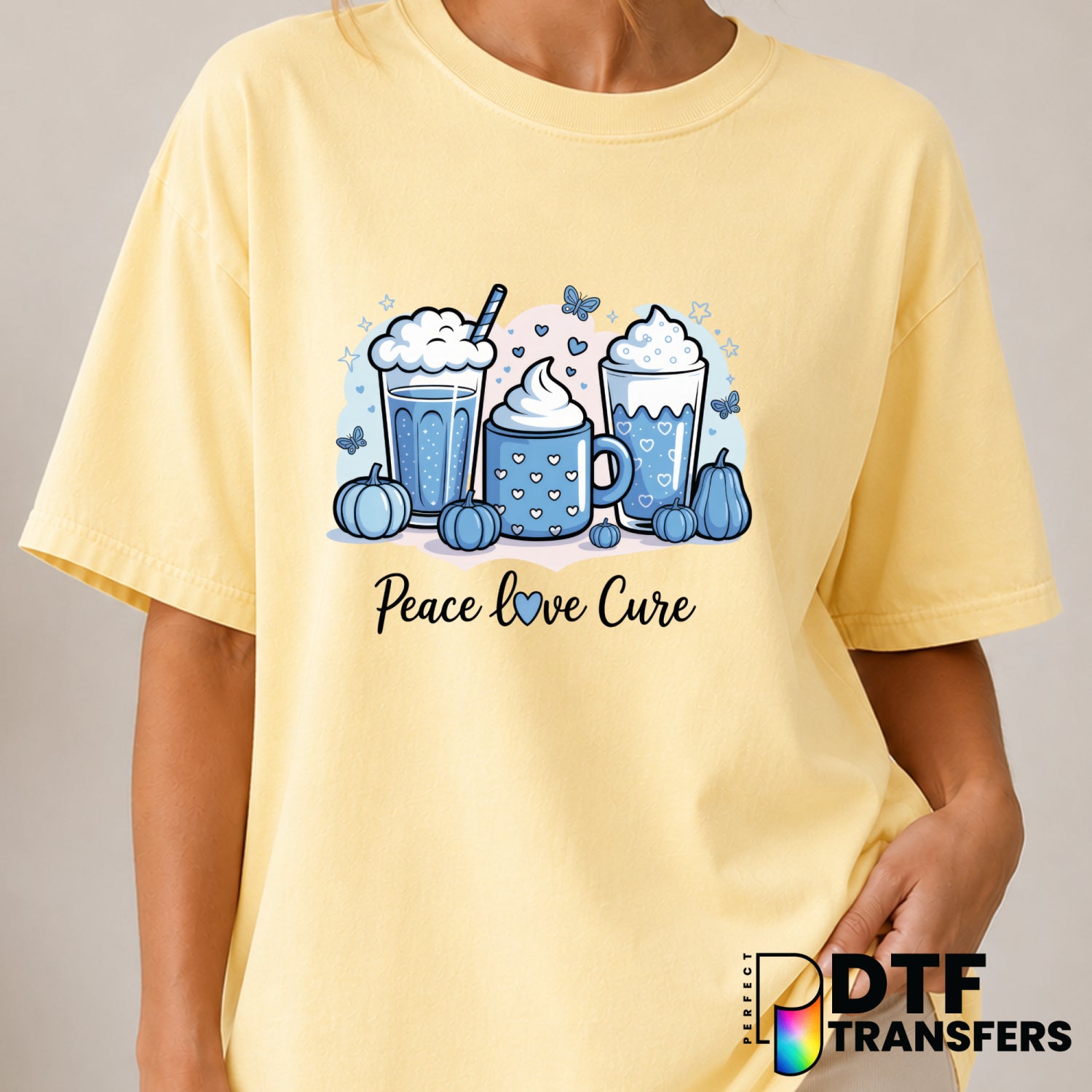 Peace Love Cure Coffee Lover Pumpkin Diabetes Awareness – DTF Transfer (view 1 of 2) – by Perfect DTF Transfers – Premade...
