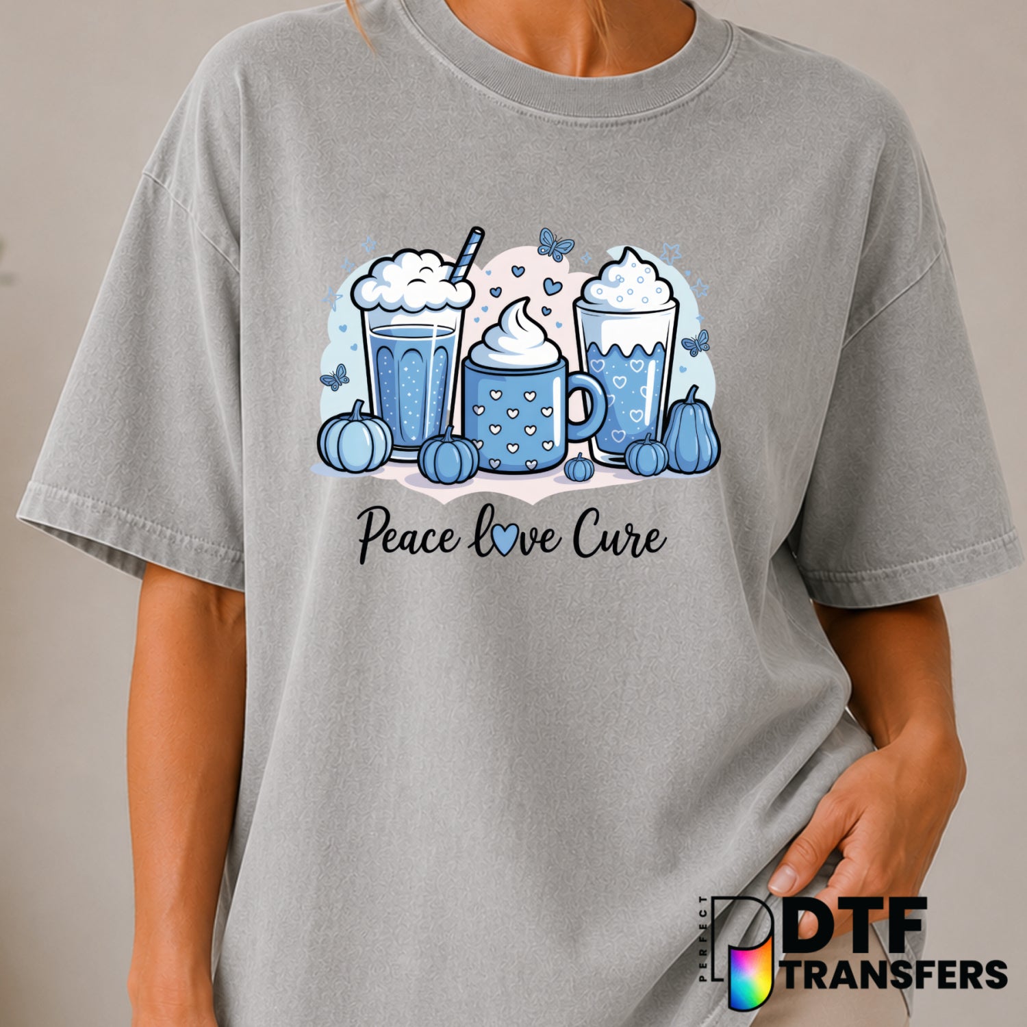 Peace Love Cure Coffee Lover Pumpkin Diabetes Awareness – DTF Transfer (view 2 of 2) – by Perfect DTF Transfers – Premade...