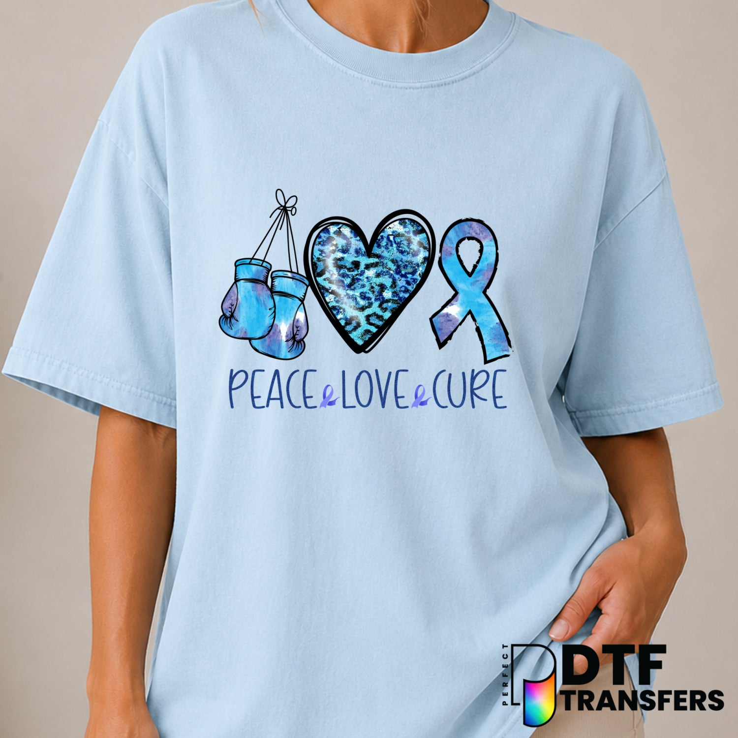 Peace Love Cure – Diabetes Awareness DTF Transfer (view 1 of 2) – by Perfect DTF Transfers – Premade DTF Transfers – Diabe...