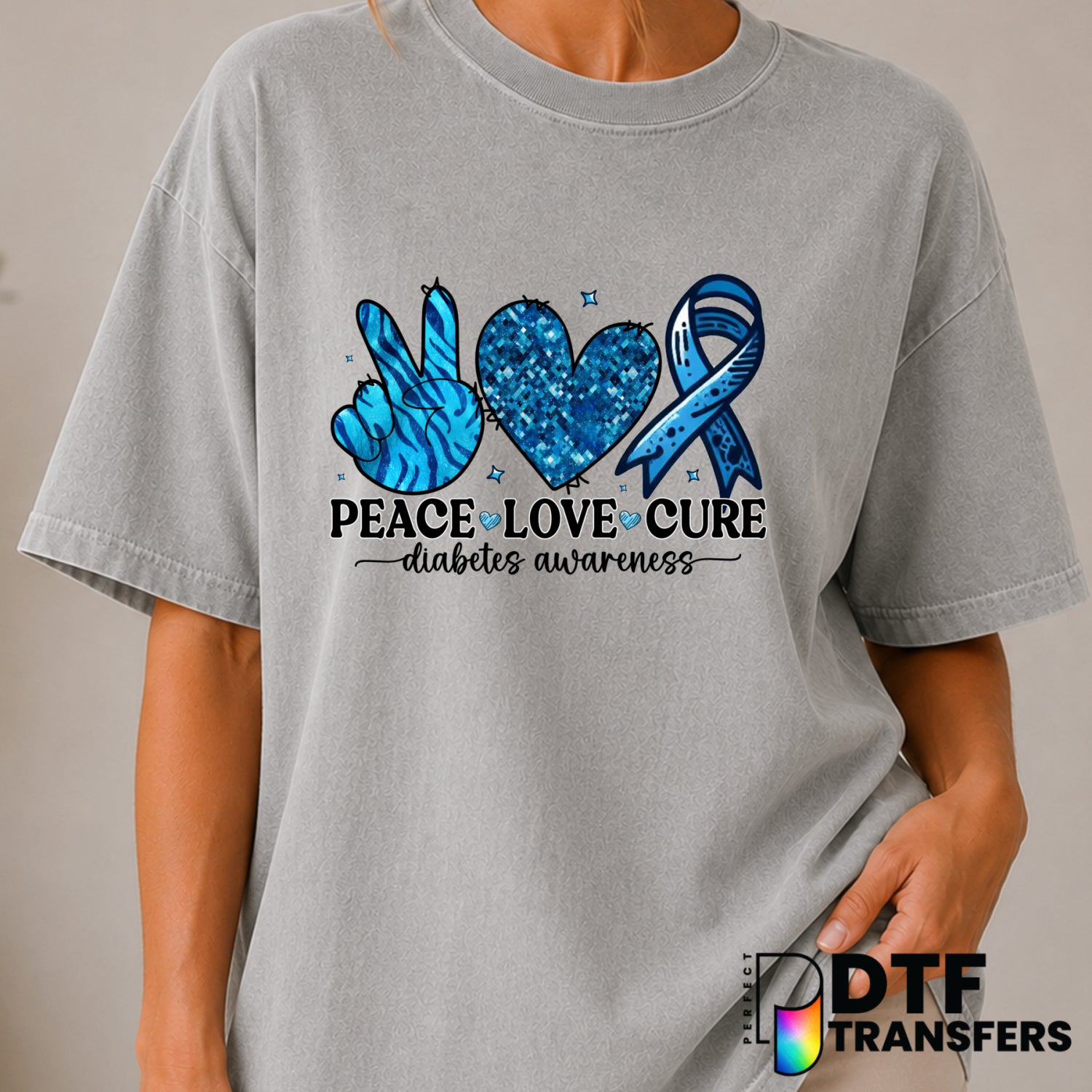Peace Love Cure – Diabetes Awareness DTF Transfer (view 1 of 2) – by Perfect DTF Transfers – Premade DTF Transfers – Diabe...