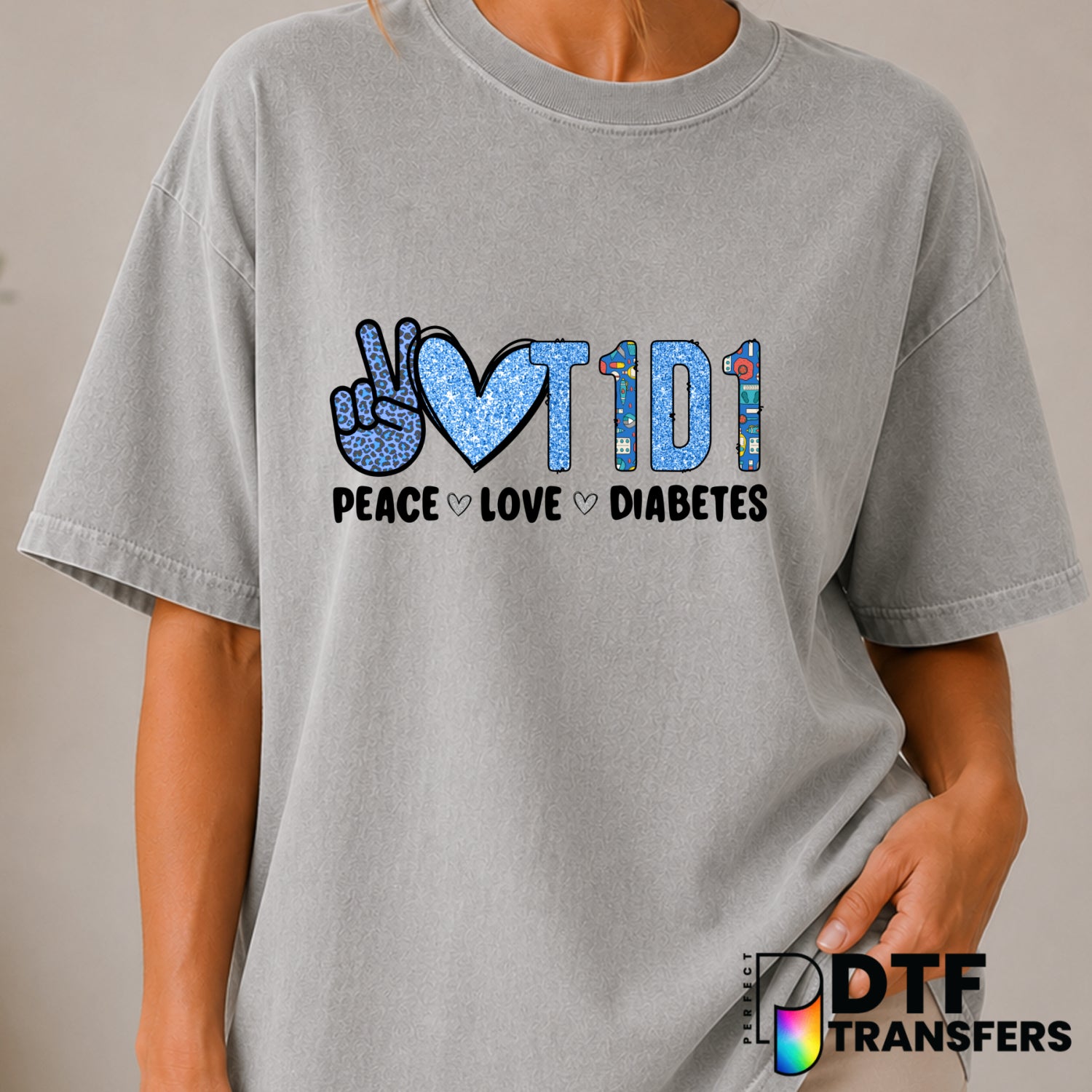 PEACE LOVE DIABETES – Diabetes Awareness DTF Transfer (view 1 of 2) – by Perfect DTF Transfers – Premade DTF Transfers – D...