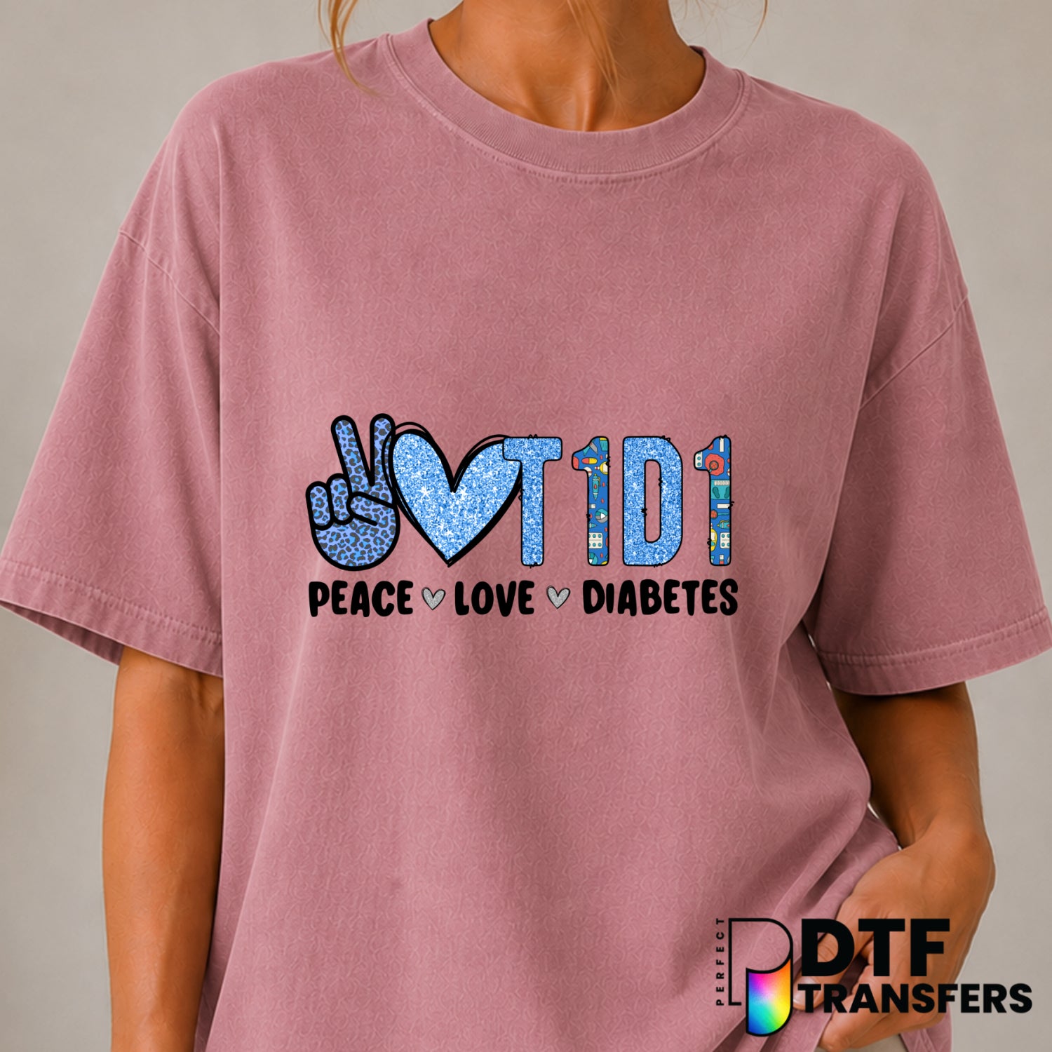 PEACE LOVE DIABETES – Diabetes Awareness DTF Transfer (view 2 of 2) – by Perfect DTF Transfers – Premade DTF Transfers – D...