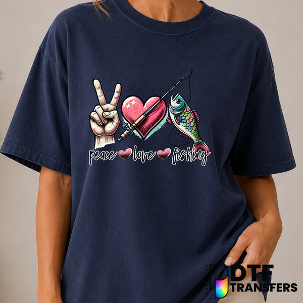 Peace Love Fishing – Fishing DTF Transfer (view 1 of 2) – by Perfect DTF Transfers – Premade DTF Transfers – Fishing, Outdoor