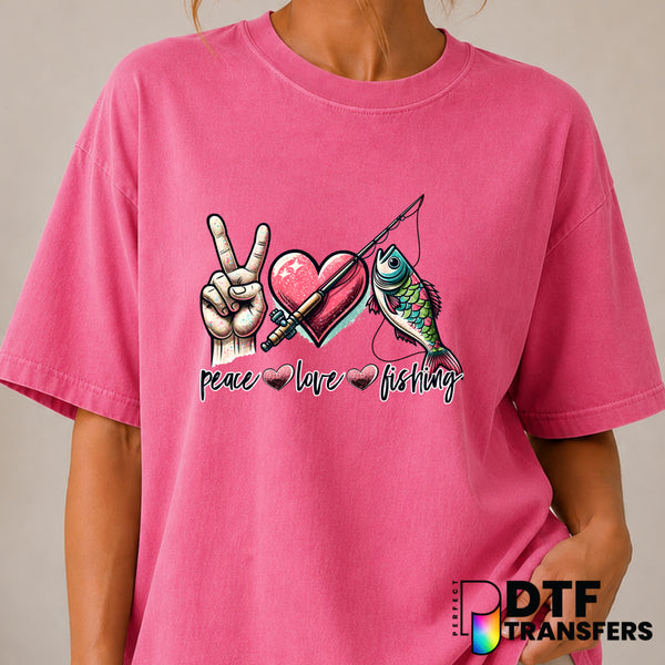 Peace Love Fishing – Fishing DTF Transfer (view 2 of 2) – by Perfect DTF Transfers – Premade DTF Transfers – Fishing, Outdoor