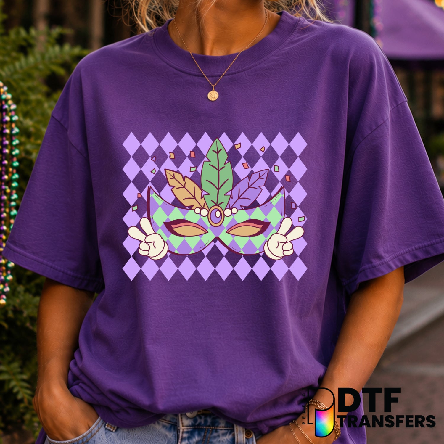 Peace Love Mardi Gras – Mardi Gras DTF Transfer (view 1 of 2) – by Perfect DTF Transfers – Premade DTF Transfers – Mardi G...