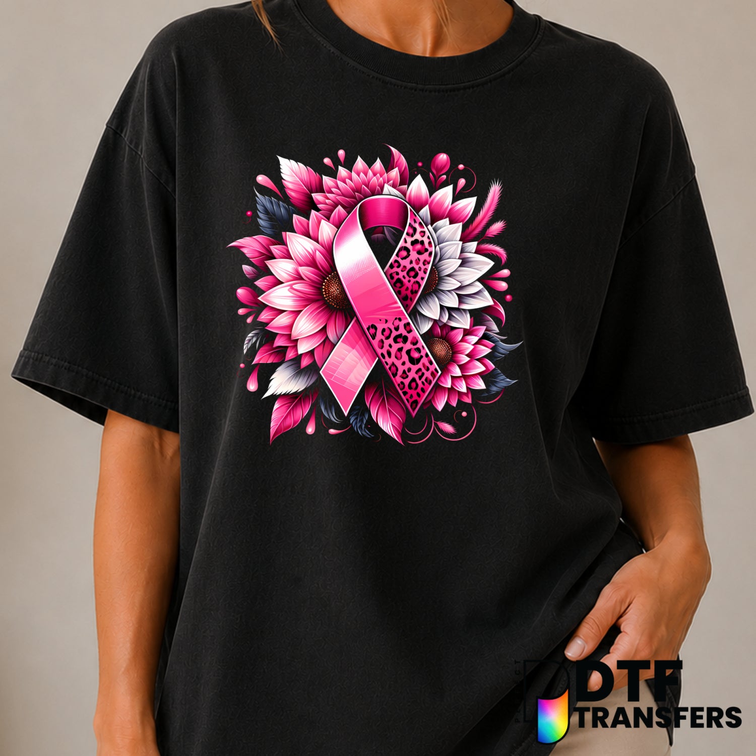 Pink Floral Leopard Awareness Ribbon – Cancer Awareness DTF Transfer (view 1 of 2) – by Perfect DTF Transfers – Premade DT...