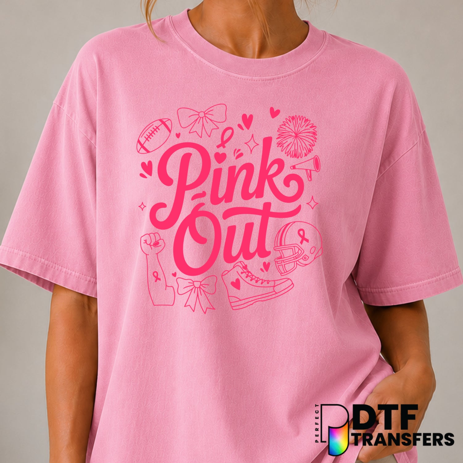 PINK OUT BREAST CANCER FOOTBALL – Cancer Awareness DTF Transfer (view 1 of 2) – by Perfect DTF Transfers – Premade DTF Tra...