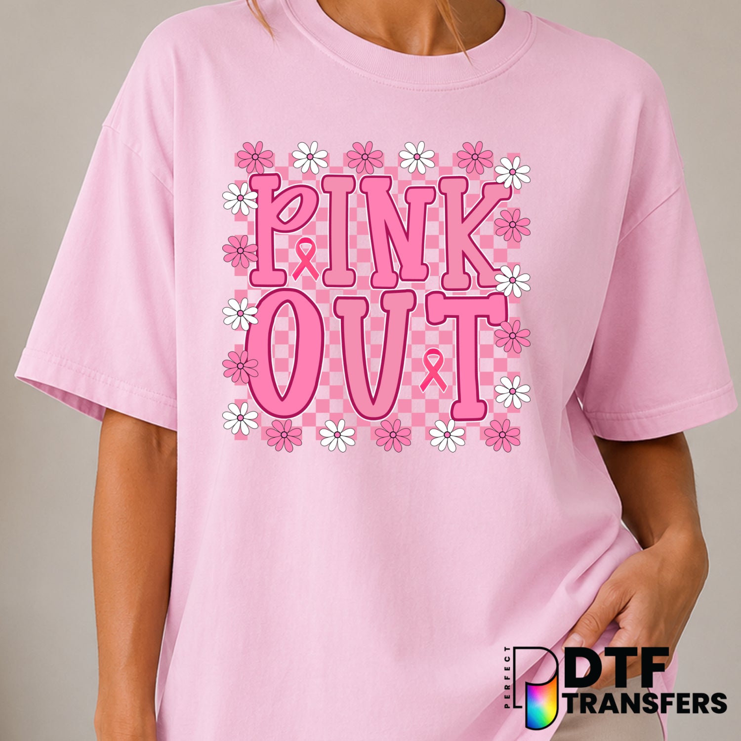 Pink Out Checkered Floral Breast Cancer Awareness – DTF Transfer (view 1 of 2) – by Perfect DTF Transfers – Premade DTF Tr...