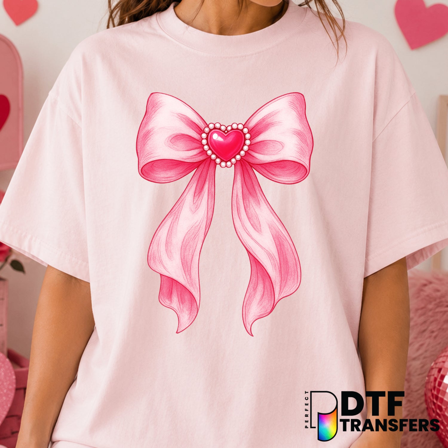Pink Pearl Heart Coquette Bow – Valentine's Day DTF Transfer (view 1 of 2) – by Perfect DTF Transfers – Premade DTF Transf...