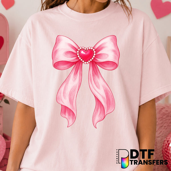 Pink Pearl Heart Coquette Bow – Valentine's Day DTF Transfer (view 1 of 2) – by Perfect DTF Transfers – Premade DTF Transf...