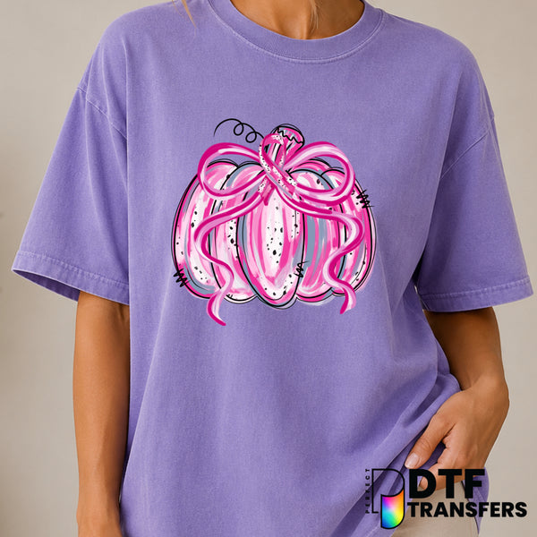 Pink Pumpkin Preppy Coquette Breast Cancer Awareness DTF Transfer (view 1 of 2) – by Perfect DTF Transfers – Premade DTF T...