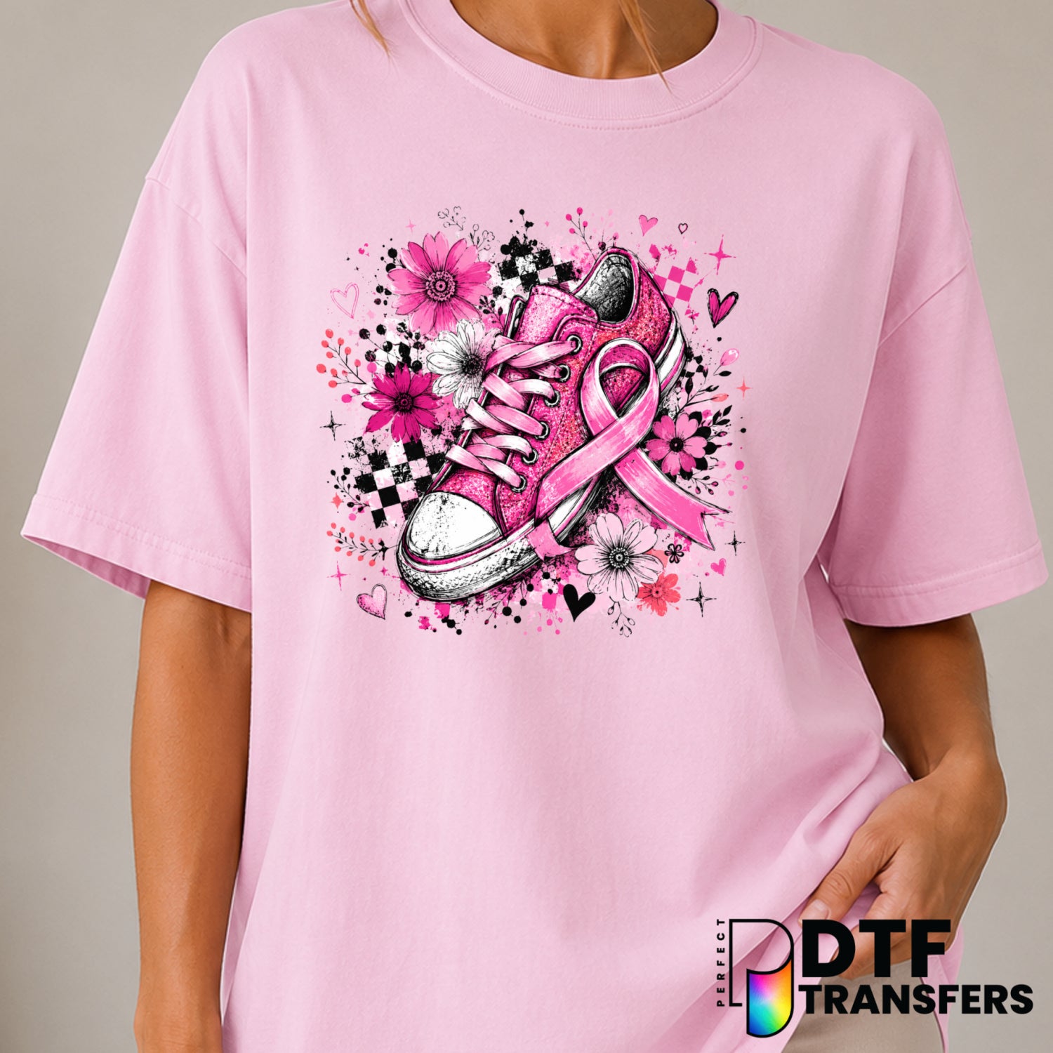 Pink Sparkle Shoe with Ribbon – Cancer Awareness DTF Transfer (view 1 of 2) – by Perfect DTF Transfers – Premade DTF Trans...