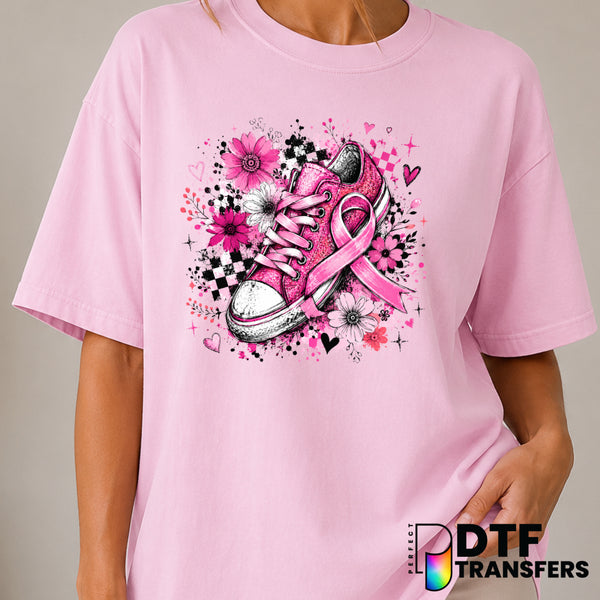 Pink Sparkle Shoe with Ribbon – Cancer Awareness DTF Transfer (view 1 of 2) – by Perfect DTF Transfers – Premade DTF Trans...