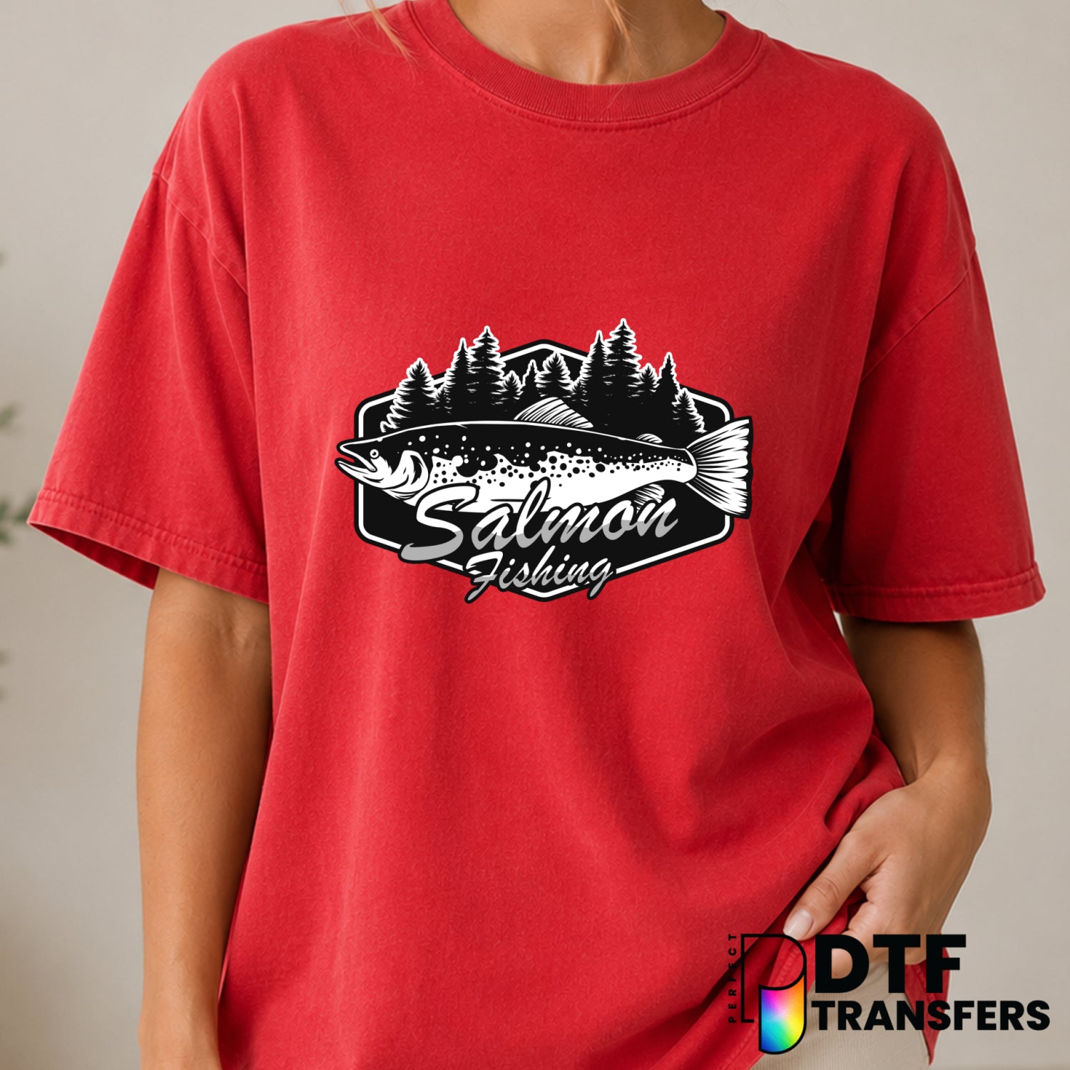 Salmon Fishing Tree – DTF Transfer (view 2 of 2) – by Perfect DTF Transfers – Premade DTF Transfers – Fishing, Outdoor