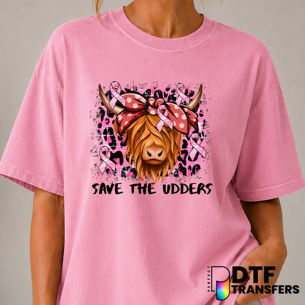 Save The Udders Highland Cow – Breast Cancer Awareness DTF Transfer (view 2 of 2) – by Perfect DTF Transfers – Premade DTF...