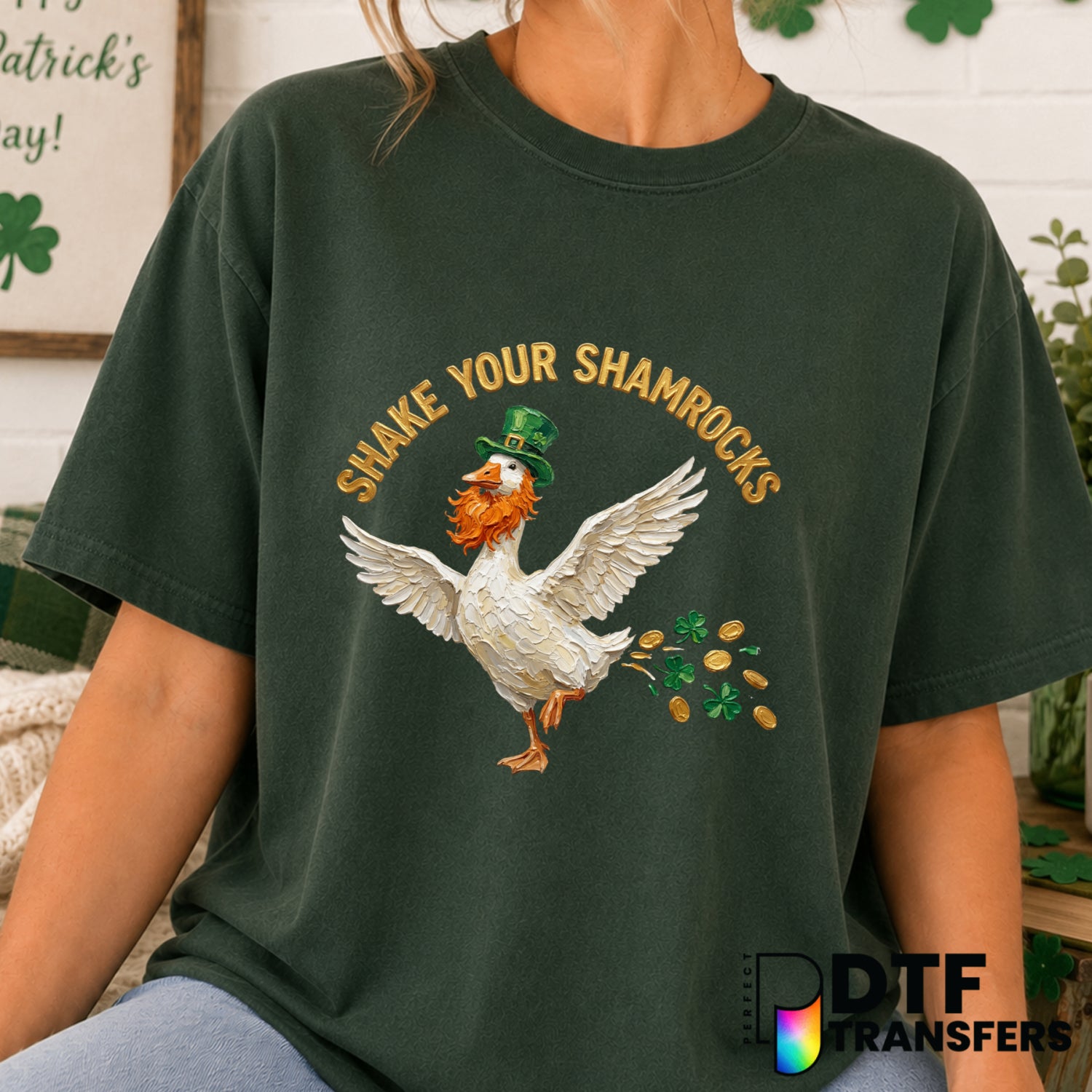 Shake Your Shamrocks Hand Painted Silly Goose – St. Patrick's Day DTF Transfer (view 2 of 2) – by Perfect DTF Transfers –...