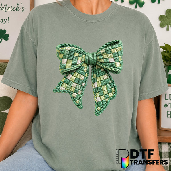 Shamrock Coquette Checkered Bow – St. Patrick's Day DTF Transfer (view 1 of 2) – by Perfect DTF Transfers – Premade DTF Tr...