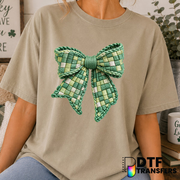 Shamrock Coquette Checkered Bow – St. Patrick's Day DTF Transfer (view 2 of 2) – by Perfect DTF Transfers – Premade DTF Tr...