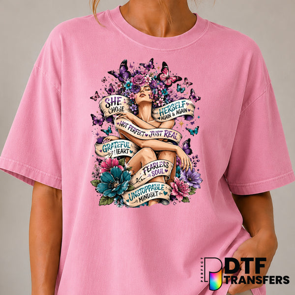 She Chose Herself Again and Again – Mental Health Awareness DTF Transfer (view 2 of 2) – by Perfect DTF Transfers – Premad...