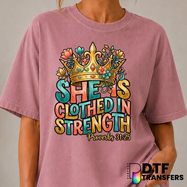 She Is Clothed In Strength Proverbs 31:25 – Women Empowerment DTF Transfer (view 2 of 2) – by Perfect DTF Transfers – Prem...