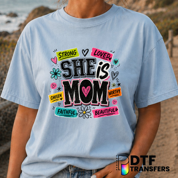 She Is Mom Floral Grunge – Mother's Day DTF Transfer (view 1 of 2) – by Perfect DTF Transfers – Premade DTF Transfers – Mo...