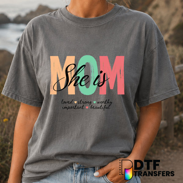 She Is Mom – Mother's Day DTF Transfer (view 1 of 2) – by Perfect DTF Transfers – Premade DTF Transfers – Mother's Day, Mom