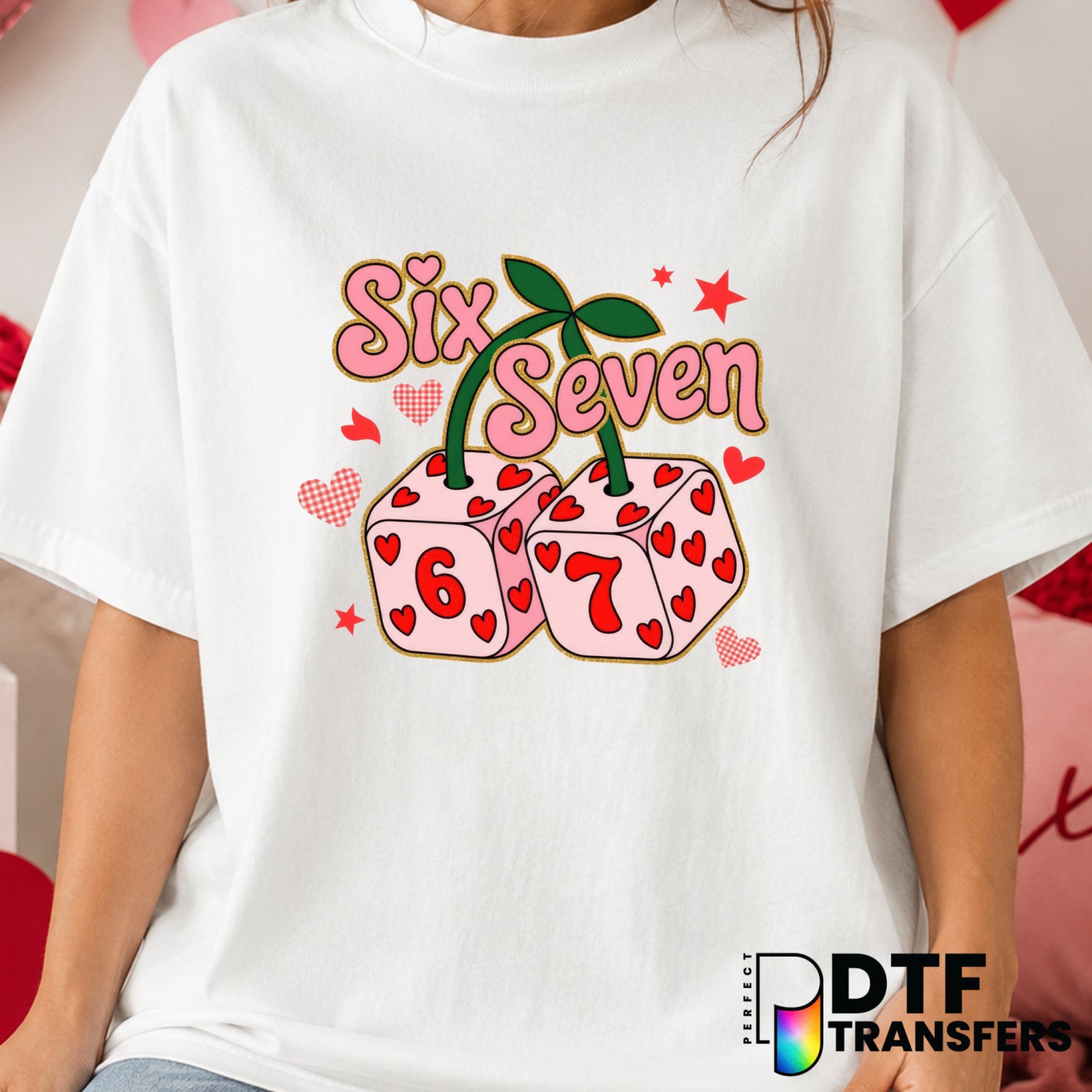 Six Seven Dice Faux Cherries Coquette Valentine's Day DTF Transfer (view 1 of 2) – by Perfect DTF Transfers – Premade DTF...