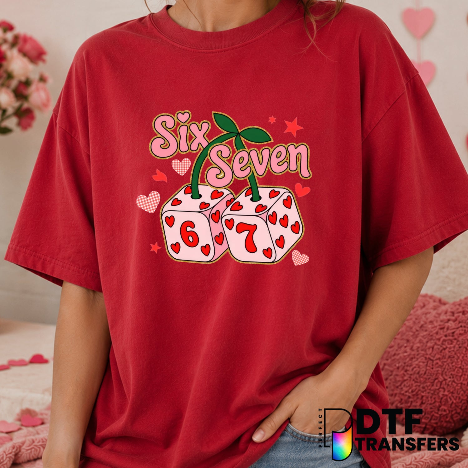 Six Seven Dice Faux Cherries Coquette Valentine's Day DTF Transfer (view 2 of 2) – by Perfect DTF Transfers – Premade DTF...