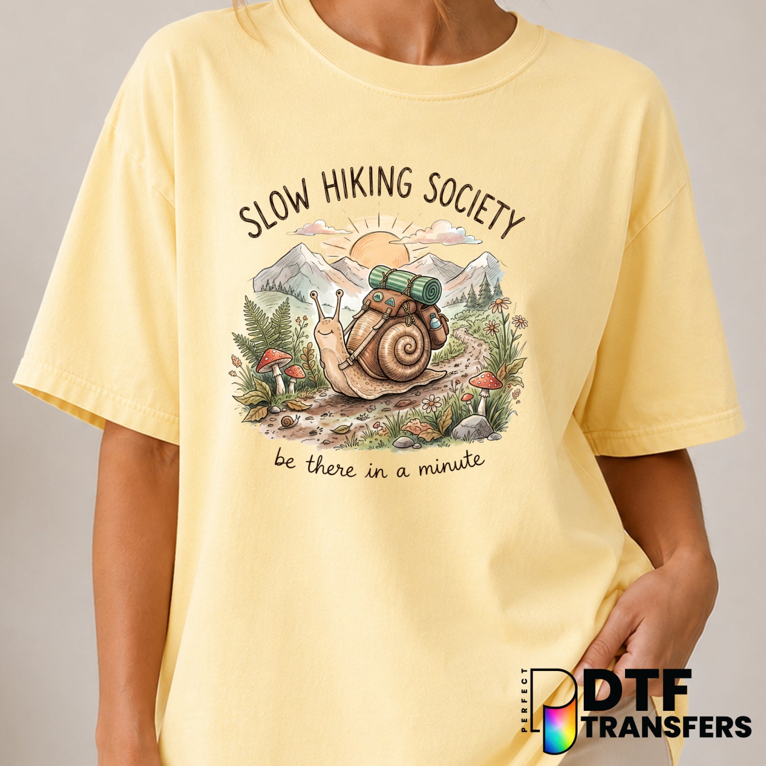 Slow Hiking Society – Hiking DTF Transfer (view 1 of 2) – by Perfect DTF Transfers – Premade DTF Transfers – Hiking, Outdoor