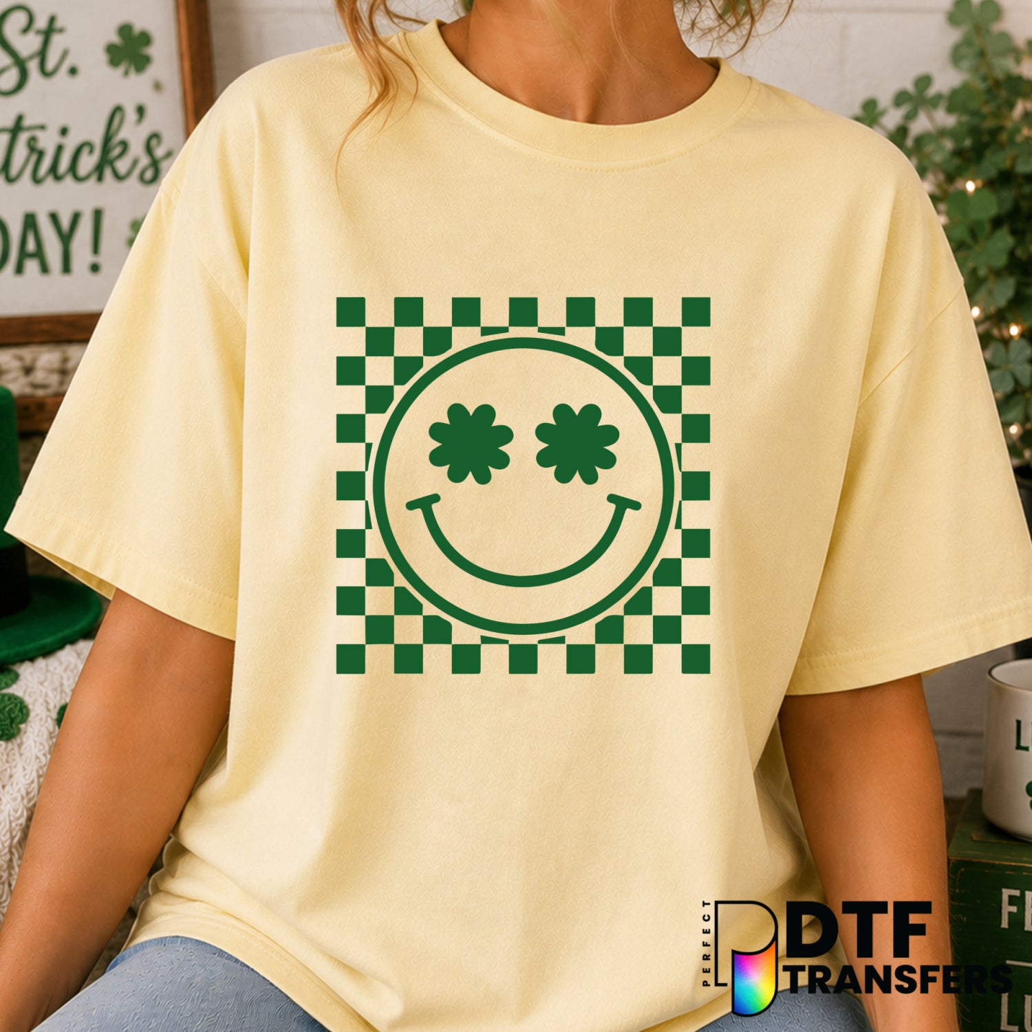Smiley Face Shamrock – St. Patrick's Day DTF Transfer (view 1 of 2) – by Perfect DTF Transfers – Premade DTF Transfers – S...