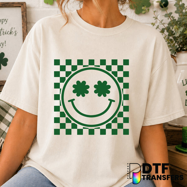 Smiley Face Shamrock – St. Patrick's Day DTF Transfer (view 2 of 2) – by Perfect DTF Transfers – Premade DTF Transfers – S...