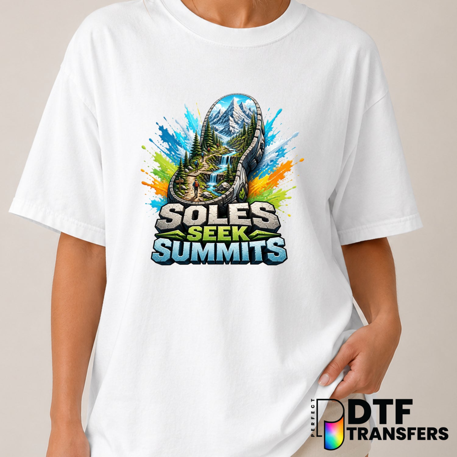 Soles Seek Summits – Hiking DTF Transfer (view 2 of 2) – by Perfect DTF Transfers – Premade DTF Transfers – Hiking, Outdoor