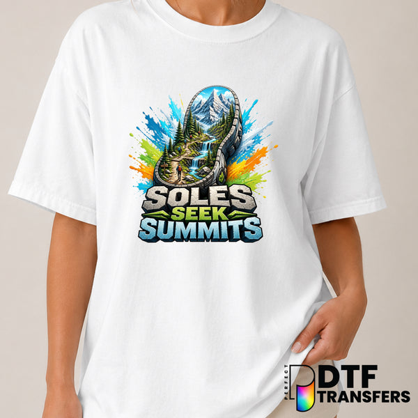 Soles Seek Summits – Hiking DTF Transfer (view 2 of 2) – by Perfect DTF Transfers – Premade DTF Transfers – Hiking, Outdoor