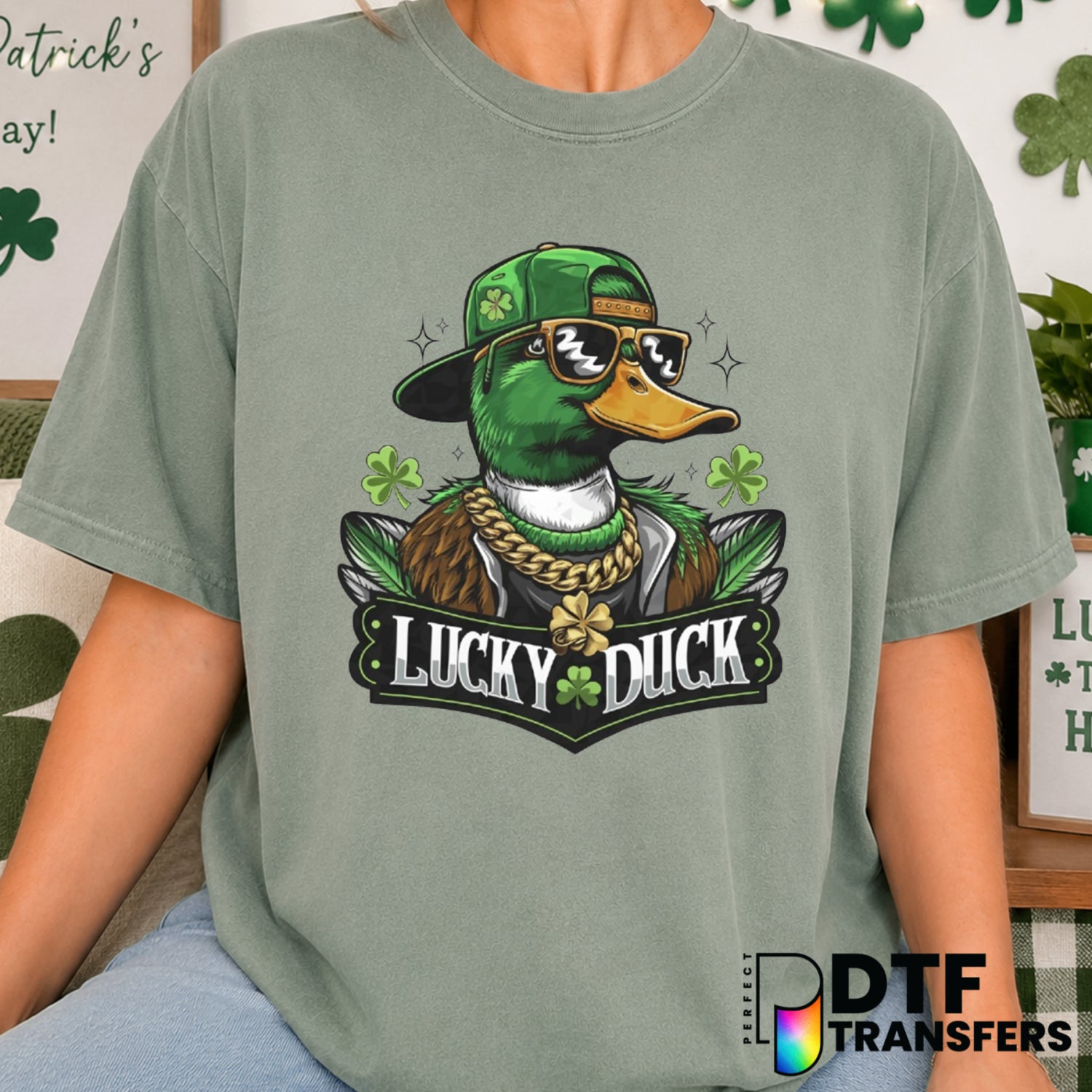 St Patrick's Day Lucky Duck – St. Patrick's Day DTF Transfer (view 2 of 2) – by Perfect DTF Transfers – Premade DTF Transf...