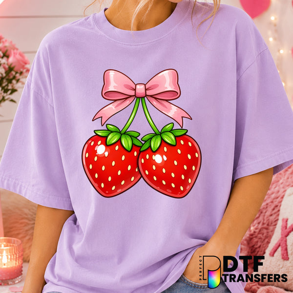 Strawberries & Coquette Bow – Valentine's Day DTF Transfer (view 1 of 2) – by Perfect DTF Transfers – Premade DTF Transfer...
