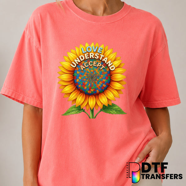 Sunflower Love Understand Accept Autism Awareness – DTF Transfer (view 2 of 2) – by Perfect DTF Transfers – Premade DTF Tr...