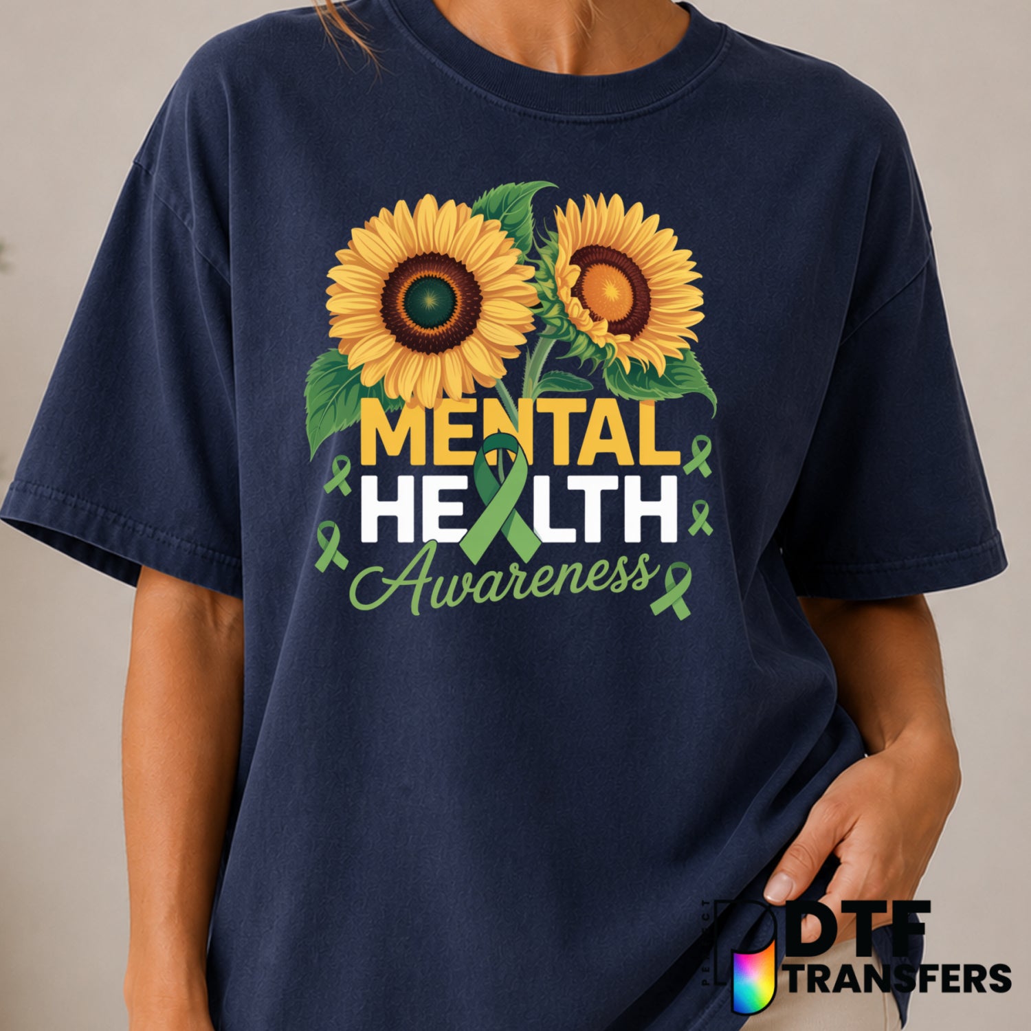 Sunflowers and Green Ribbon – Mental Health Awareness DTF Transfer (view 2 of 2) – by Perfect DTF Transfers – Premade DTF...