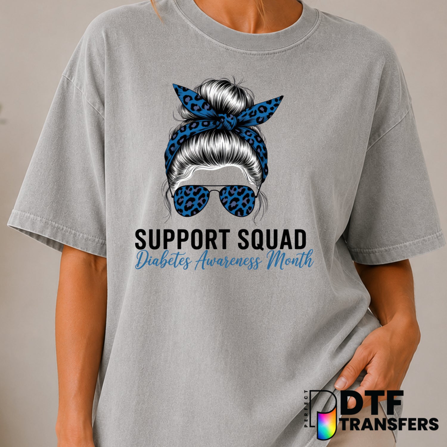 Support Squad Diabetes Awareness Month Messy Bun Mom – Diabetes Awareness DTF Transfer (view 1 of 2) – by Perfect DTF Tran...