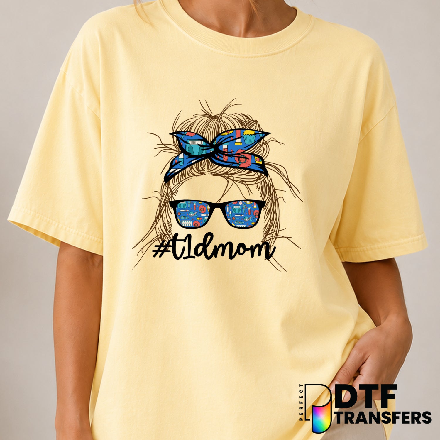 T1DMom Messy Bun Sunglasses Diabetes Awareness – DTF Transfer (view 2 of 2) – by Perfect DTF Transfers – Premade DTF Trans...