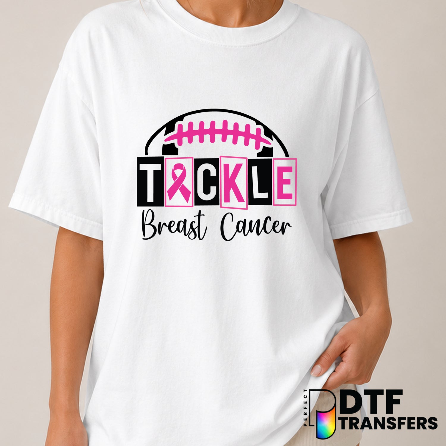 Tackle Breast Cancer Football – Cancer Awareness DTF Transfer (view 1 of 2) – by Perfect DTF Transfers – Premade DTF Trans...