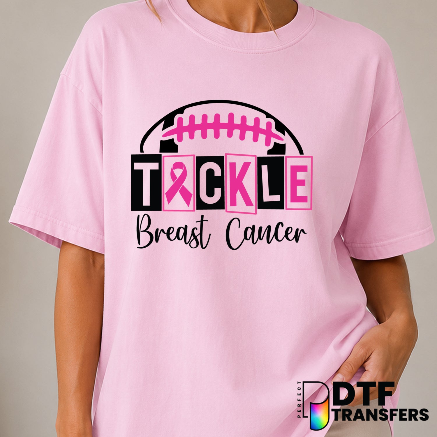 Tackle Breast Cancer Football – Cancer Awareness DTF Transfer (view 2 of 2) – by Perfect DTF Transfers – Premade DTF Trans...
