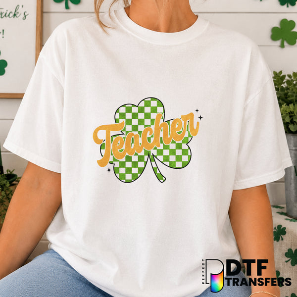 Teacher Checkered Shamrock St. Patrick's Day – DTF Transfer (view 1 of 2) – by Perfect DTF Transfers – Premade DTF Transfe...