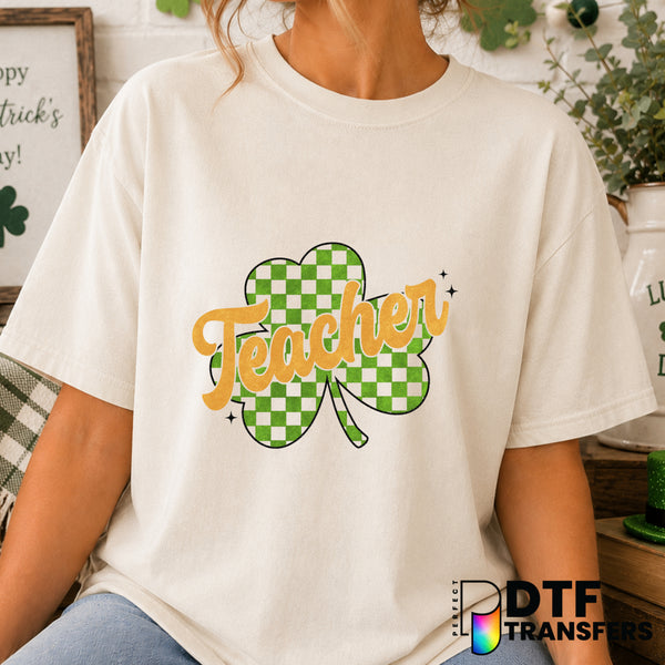 Teacher Checkered Shamrock St. Patrick's Day – DTF Transfer (view 2 of 2) – by Perfect DTF Transfers – Premade DTF Transfe...