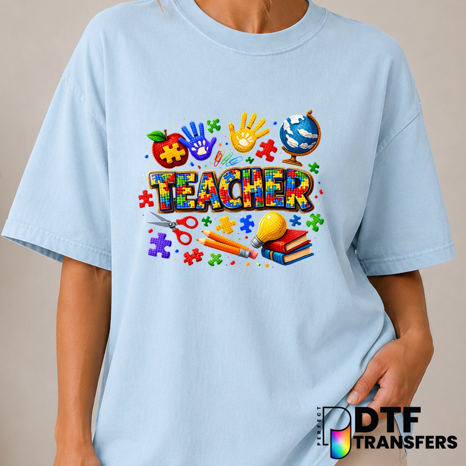 TEACHER Puzzle Pieces – Autism Awareness DTF Transfer (view 1 of 2) – by Perfect DTF Transfers – Premade DTF Transfers – A...