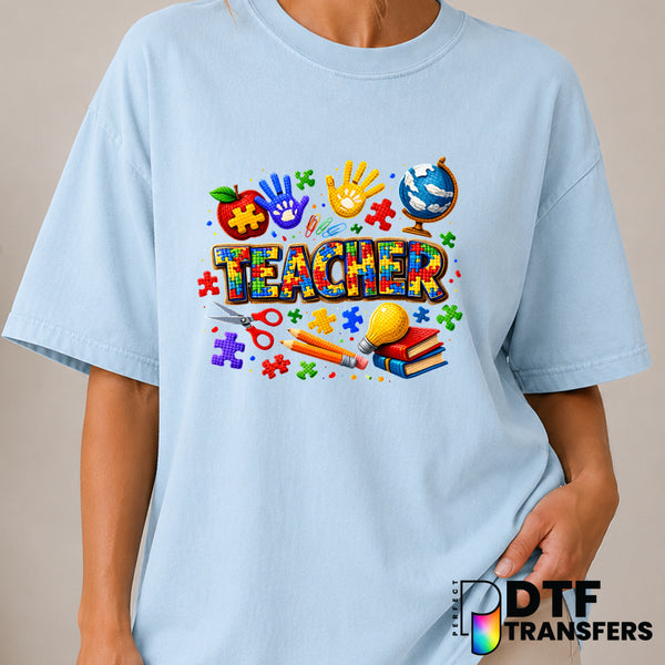 TEACHER Puzzle Pieces – Autism Awareness DTF Transfer (view 1 of 2) – by Perfect DTF Transfers – Premade DTF Transfers – A...