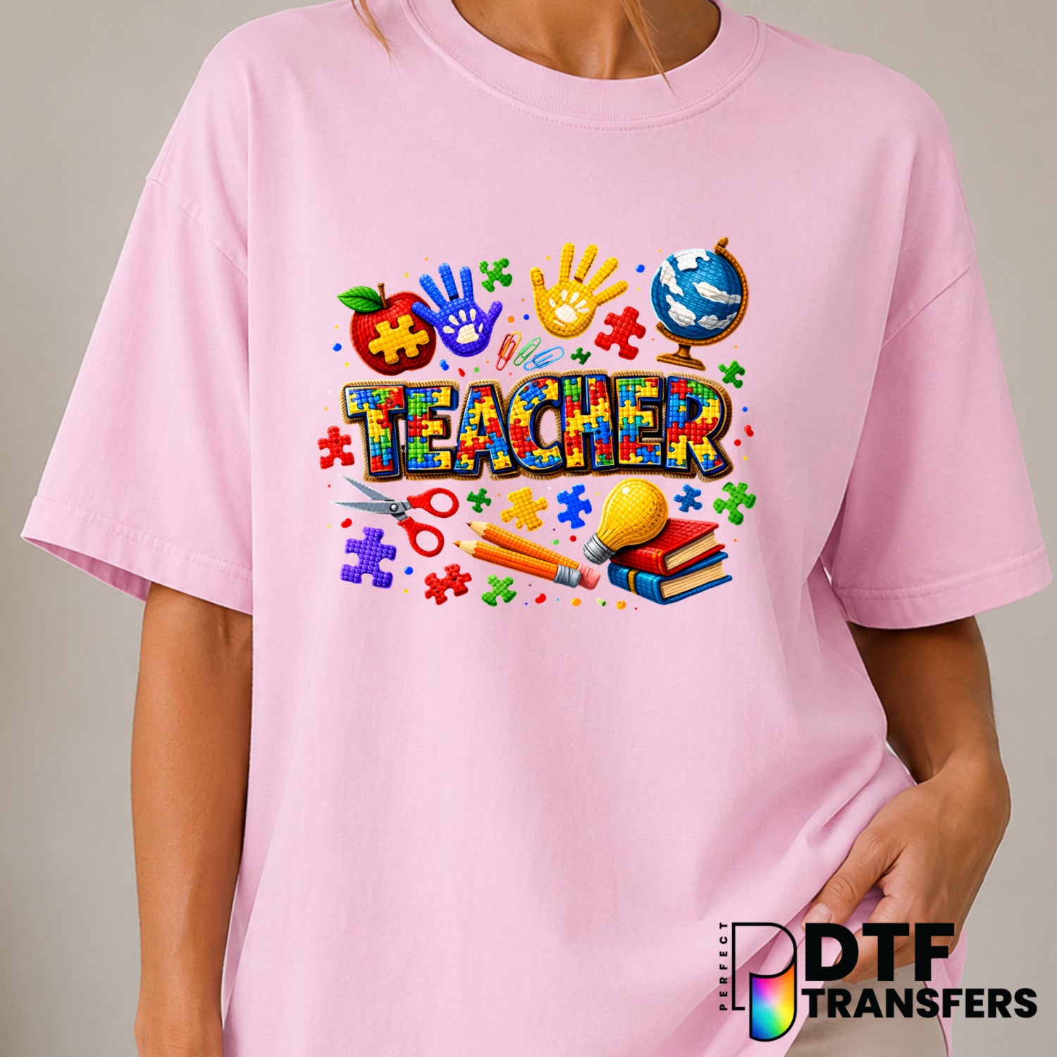 TEACHER Puzzle Pieces – Autism Awareness DTF Transfer (view 2 of 2) – by Perfect DTF Transfers – Premade DTF Transfers – A...
